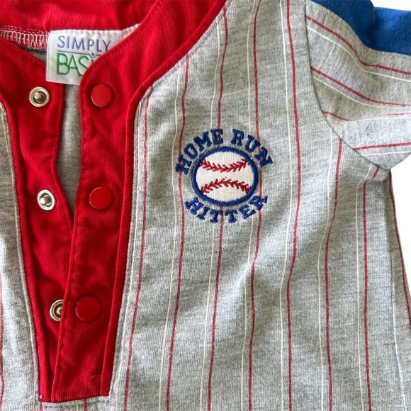 Simply Basic Baby Baseball Romper Home Run Hitter Gray Red Blue Short Sleeve - Picture 4 of 5